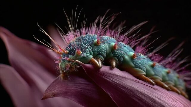 Vivid macro shot of a caterpillar on a pink petal against a black background