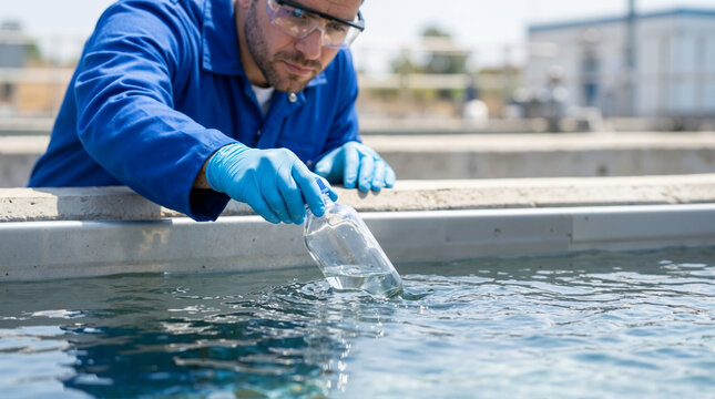 Technician collecting water sample with precision in a laboratory environment for environmental research, water testing, and public health awareness