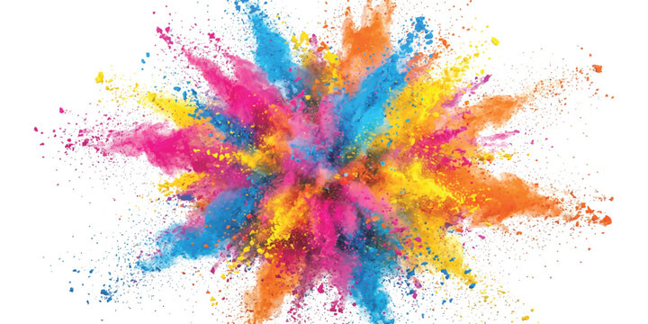 Bright multi color paint powder explosion with vibrant pigments bursting in a large cloud of colorful dust