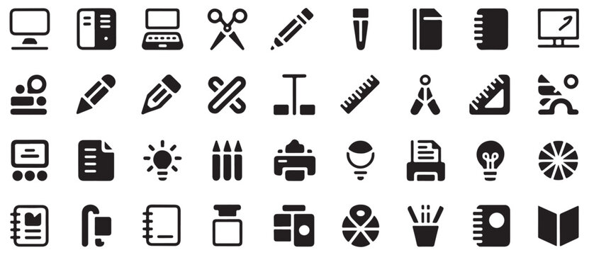 Large collection of office stationary and digital hardware icons for business and education use.