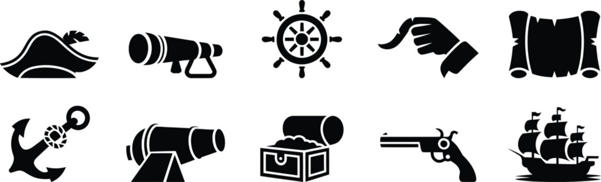 Pirate set featuring ship helm anchor treasure chest and weaponry