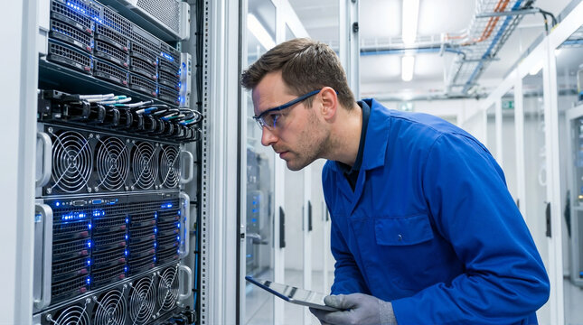 Engineer inspecting server racks in a data center for technology articles, IT blogs, and infrastructure training materials