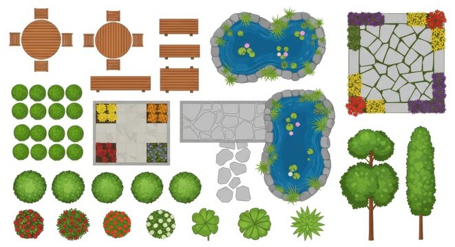 Top view landscape design elements with trees bushes ponds and patio furniture set