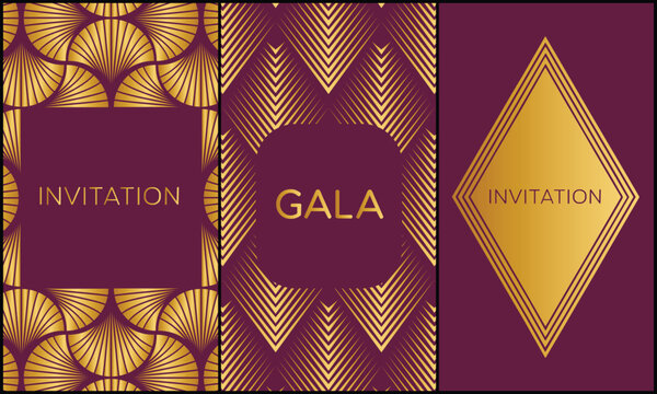 Luxury Art Deco invitation cards featuring golden geometric patterns on burgundy backgrounds for an elegant formal gala.
