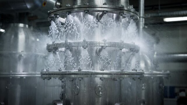 Closeup medium shot of misting scrubbers in a VOC capture system efficiently neutralizing organic vapor emissions with visible water droplets