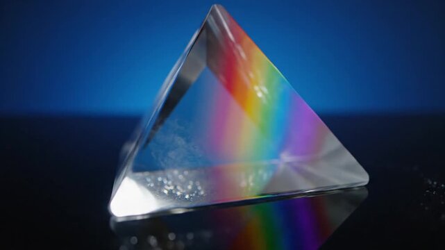 Light beam refracting through triangular glass prism with rainbow spectrum