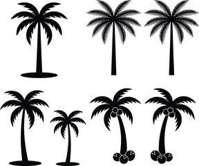 Fototapeta premium Tropical Palm Tree Silhouettes Collection with Coconut Palms and Exotic Island Nature Vector Illustrations