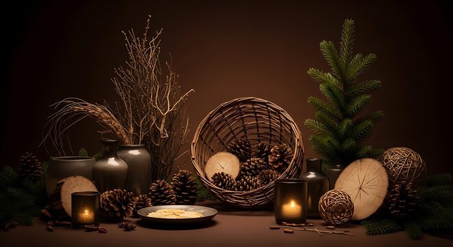 Decorative autumn harvest table setting with pinecones walnuts and dried flowers on dark background
