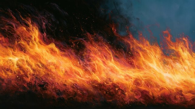 Intense, swirling flames dance with vibrant oranges and reds against a dark background