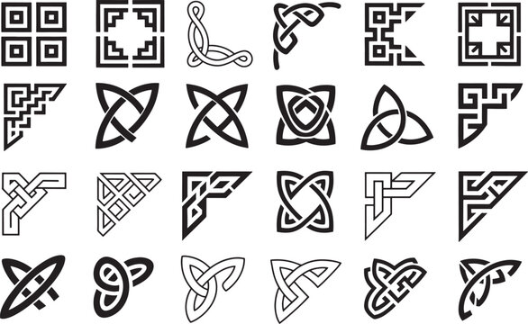 Celtic knot corner borders and geometric line art patterns for decorative framing or ethnic symbols.