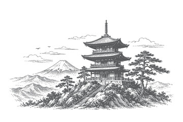 ntricate Line Art Vector Illustration of Japanese Pagoda on Mountain Landscape, Hand Drawn Cultural Architecture Scene for Travel Design © Chairul