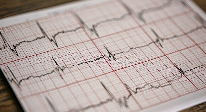 Close-up of electrocardiogram paper showing heart rhythm lines
