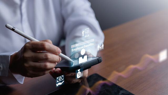employees increase.Professional managing employee benefits and compensation through a digital HR platform on a mobile device, highlighting workforce welfare, payroll and business administration.