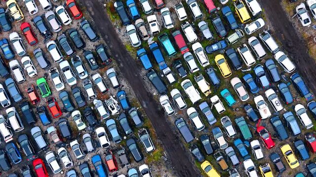 Cars parked in a large junkyard area. Many cars are parked closely together in a junkyard in an open area with gravel and grass.