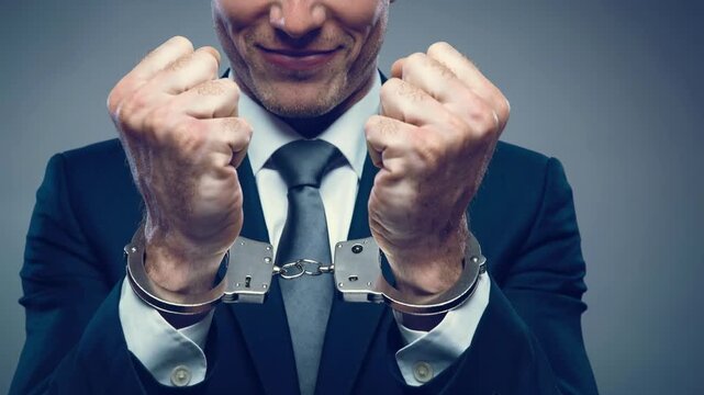 Businessman in suit wearing handcuffs symbolizing crime, arrest, and legal consequences in corporate environment