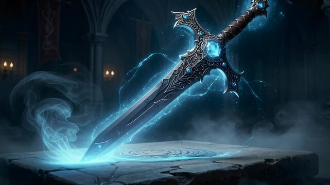 Mystical glowing ancient sword with blue gems and magical aura in medieval stone chamber