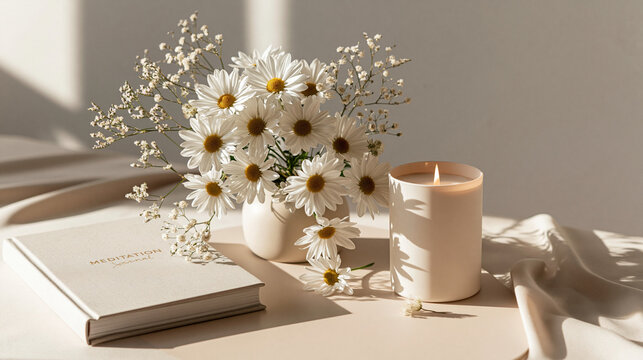 Fresh daisies beside meditation journal and candle on soft cream table for minimal wellness ritual and serene self care