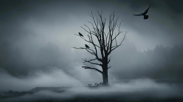 Mysterious foggy landscape with a barren tree and crows creating a dark eerie atmosphere