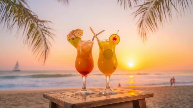 Tropical beach sunset with colorful cocktails on wooden table and palm leaves relaxing vacation scene