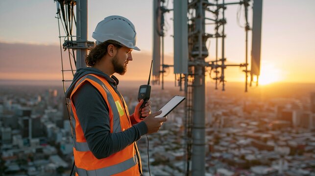 Medium shot of a technician in a reflective safety vest examining a 5G massive MIMO antenna on a dense urban rooftop holding a tablet and signal meter during a goldenhour sunset