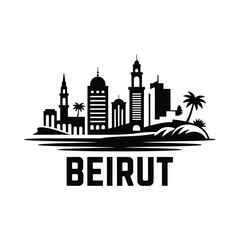 Fototapeta premium Beirut skyline silhouette with palm trees and landmass black and white