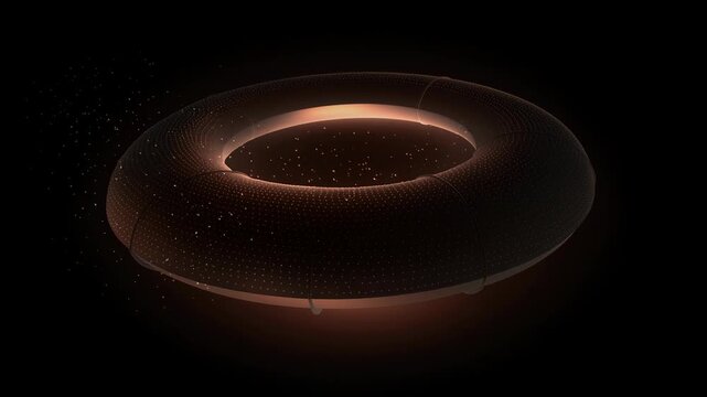Glowing futuristic digital torus shape with particles and abstract light effects on dark background