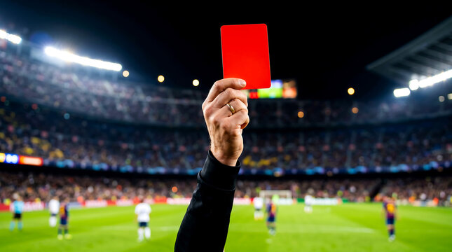 Referee holding up a red card during a soccer match at a stadium