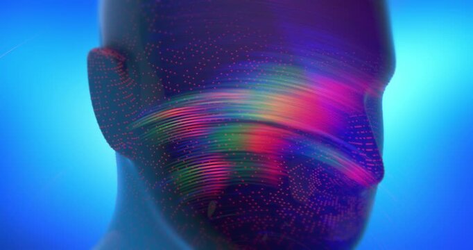 Artificial intelligence concept with generic robotic human head and glowing background. Loopable Abstract Background Animation.