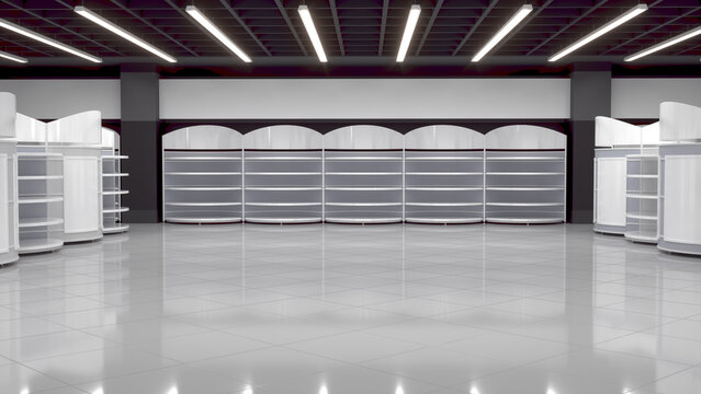 Supermarket interior mockup with rounded display racks, white glossy floor, lighting on the black ceiling. 3d illustration