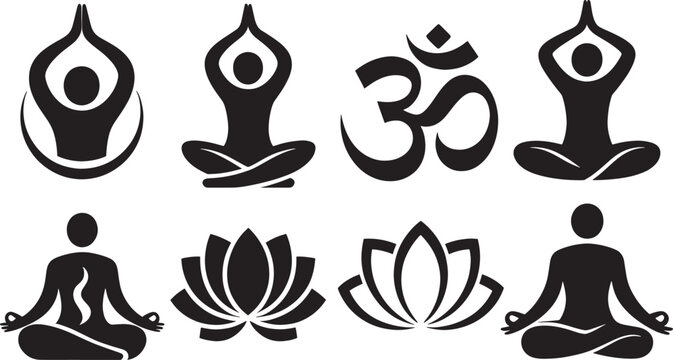 Yoga meditation poses and zen lotus flower icons with spiritual om symbol for wellness and relaxation.