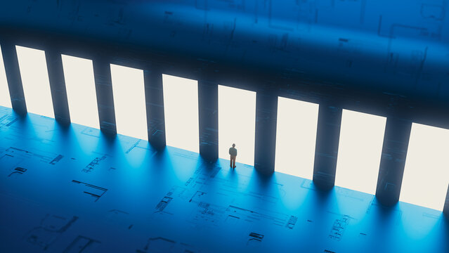 Silhouette of a man stepping through a portal in a tech setting