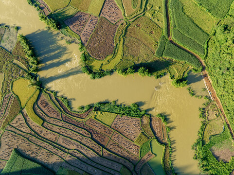 Aerial river and farmland