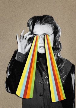 Analog collage portrait woman in eighties clothing in neutral colors