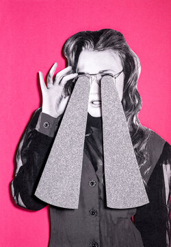 Analog collage portrait of a woman in eighties clothing 