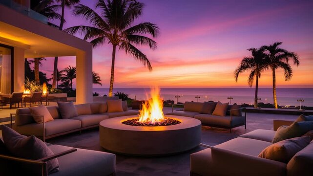 Luxury outdoor patio with modern fire pit and ocean sunset view palm trees and cozy seating