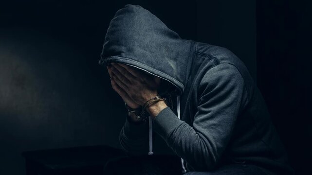Sad man in hoodie covering face with hands showing stress and despair in dark moody atmosphere