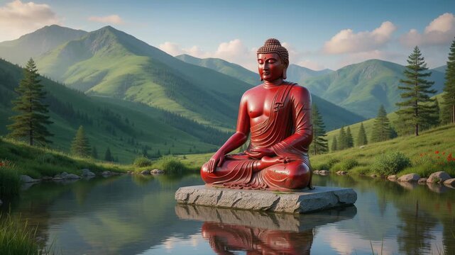 Red Buddha statue meditating on stone platform in serene mountain lake surrounded by lush green hills and pine trees