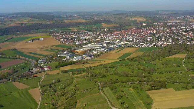 Panoramic aerial view of the city Vaihingen an der Enz  in Germany, on a sunny spring day