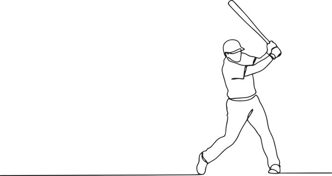 Baseball player swinging bat on transparent background, dynamic action shot, single line drawing, athlete, sport.