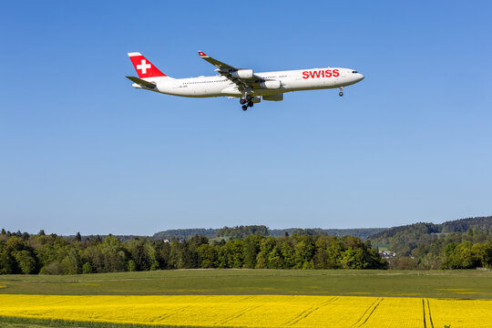 Swiss Airbus A340-300 airplane at Zurich airport in Switzerland