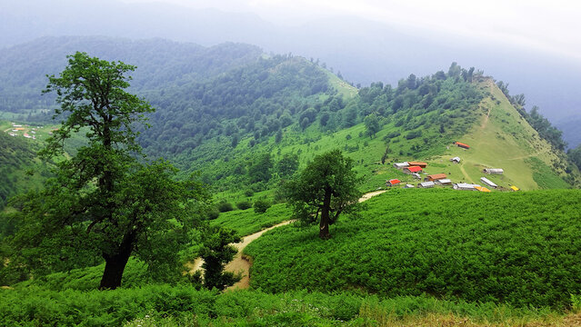 Panoramic view over rolling green mountains and the remote village of wooden cabins in Olsablengah highlands, Gilan province, Iran.