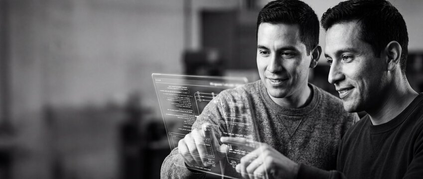 Two programmers coding transparent interface on glass screen in black and white, tech software developers collaborating on futuristic holographic HUD data, artificial intelligence concept banner.