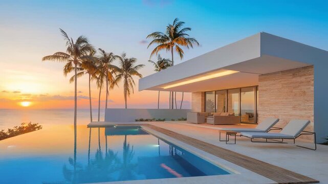 Luxury modern beach house with infinity pool and palm trees at sunset overlooking calm ocean water