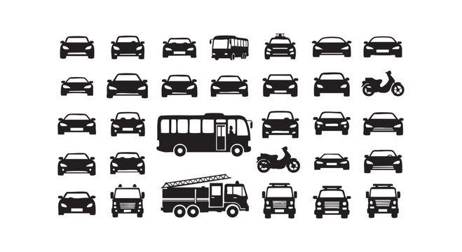 Collection of vehicle silhouettes including cars bus and motorcycle for transportation themes.