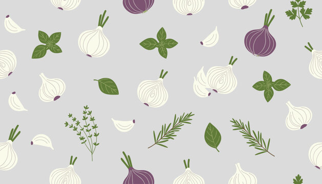 Seamless pattern with onions garlic and fresh herbs