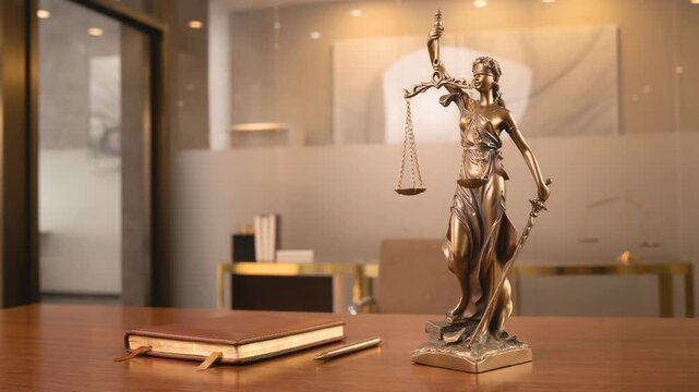 Bronze lady justice statue with scales and sword on wooden desk with notebook and pen in modern office