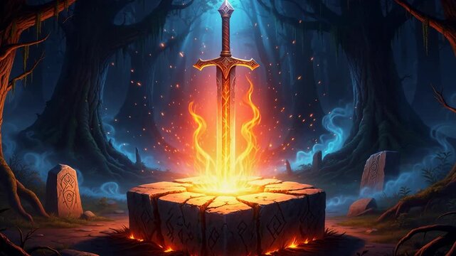 Mystical glowing sword in enchanted forest with magical flames and ancient runes on stone pedestal