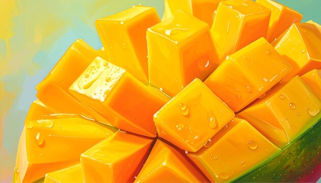 Freshly sliced orange wedges on bright yellow background.