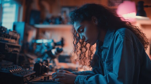 Woman music producer using sound mixing console in recording studio. Young girl working on professional audio equipment. Modern music production, creative process and artistic hobby.