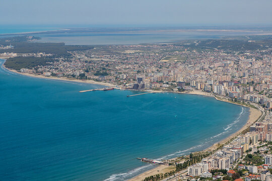 Panoramic view of the city of Vlore and the sea coast in Albania